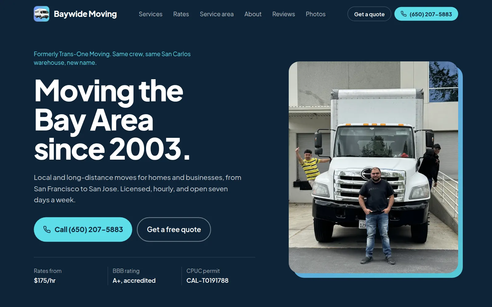 Home page of the Baywide Moving website